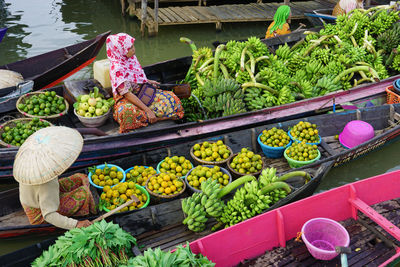 High angle view of fruits for sale at market stall