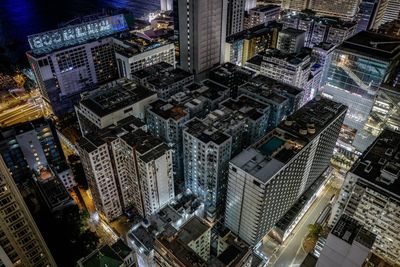 High angle view of illuminated cityscape at night