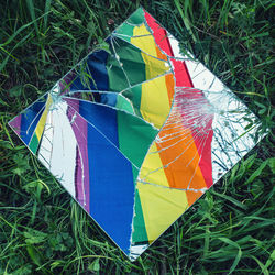 High angle view of multi colored umbrella on field