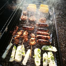 High angle view of food on barbecue grill