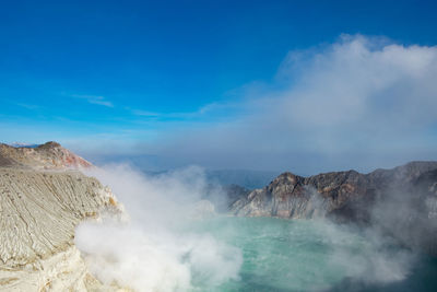 Smoke emitting from volcanic mountain against sky