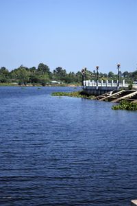 Scenic view of river against clear blue sky