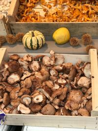 High angle view of mushrooms for sale in market