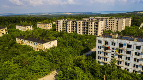 High angle view of buildings in city