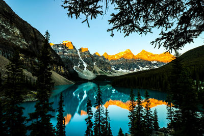 Scenic view of lake by mountains against sky