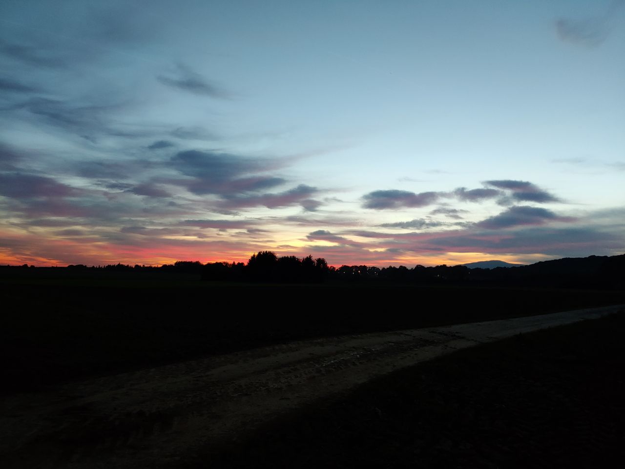 sky, sunset, cloud - sky, beauty in nature, scenics - nature, tranquility, tranquil scene, landscape, environment, silhouette, no people, nature, non-urban scene, road, land, field, idyllic, plant, orange color, tree