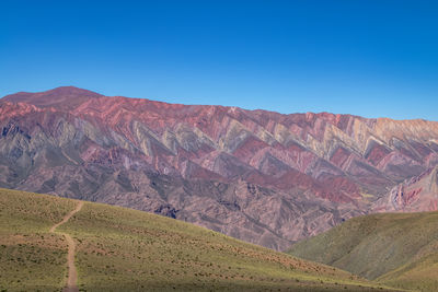 Scenic view of mountains against clear blue sky