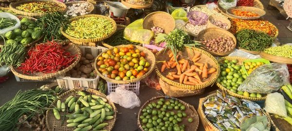 High angle view of food for sale at market stall