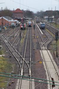 High angle view of train on street in city