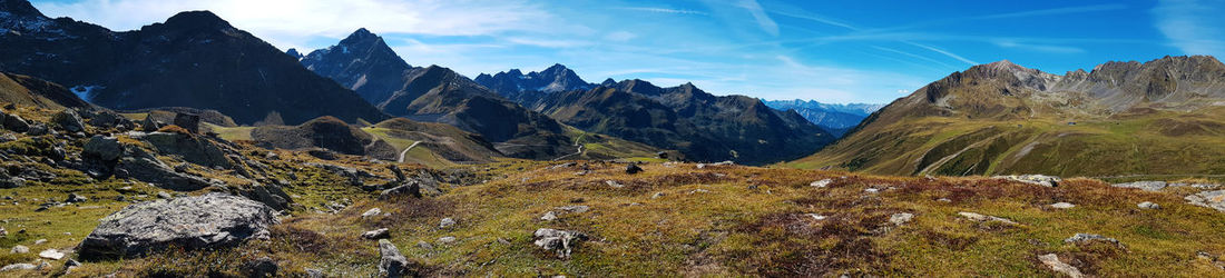 Panoramic view of landscape and mountains against sky