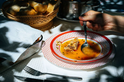 Cropped hand having food at home