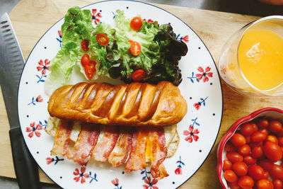 High angle view of breakfast served on table