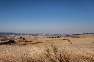 Scenic view of desert against clear blue sky