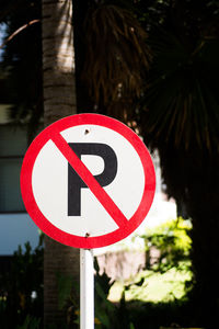 Close-up of road sign against trees