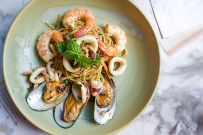 High angle view of noodles in bowl on table