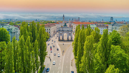 High angle view of road amidst buildings in city