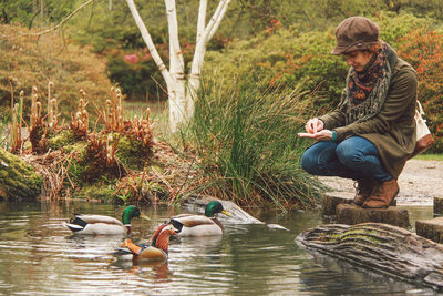 Woman feeding ducks swimming in pond