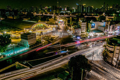 High angle view of illuminated cityscape at night