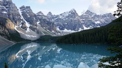 Scenic view of lake and snowcapped mountains against sky