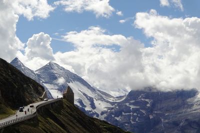 Scenic view of mountains against sky during winter