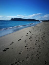 Scenic view of beach against blue sky