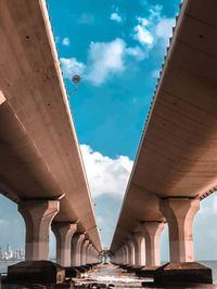 Low angle view of bridge against sky in city