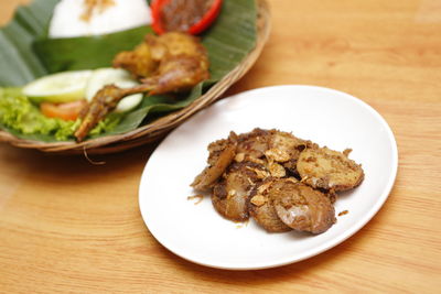 High angle view of food in plate on table