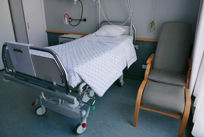 High angle view of empty bed in hospital