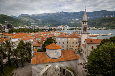 High angle view of townscape against sky