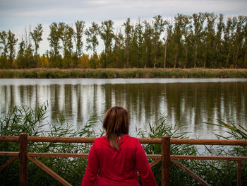 Rear view of woman looking at lake against trees