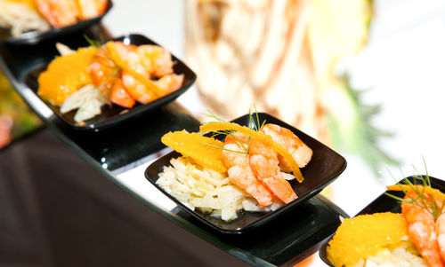 Close-up of sushi served in plate