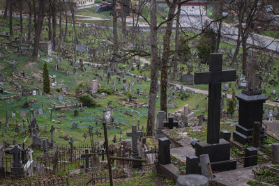 High angle view of tombstones in cemetery