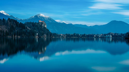 Scenic view of lake by mountains against sky