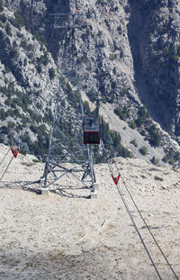 Overhead cable car over snowcapped mountains