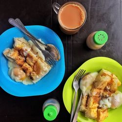 High angle view of breakfast served on table