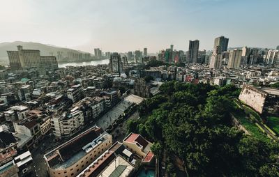 High angle view of buildings in city