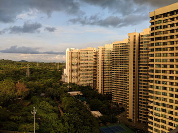 High angle view of buildings against sky