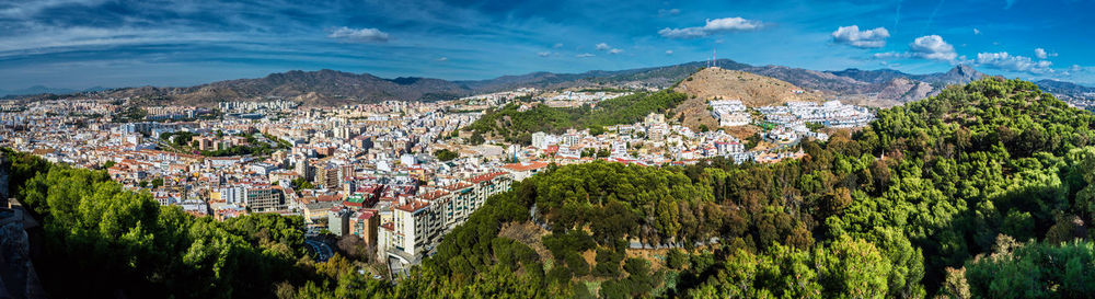 Panoramic view of city by trees against sky