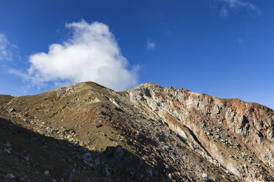 Low angle view of mountain against blue sky