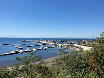 Scenic view of sea against clear blue sky