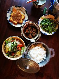 High angle view of meal served on table