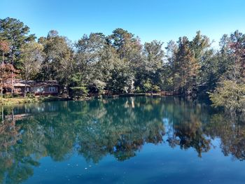 Reflection of trees in lake against sky