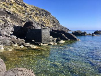 Rock formations by sea against clear blue sky