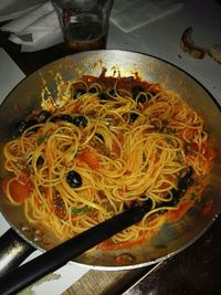 High angle view of noodles in bowl on table