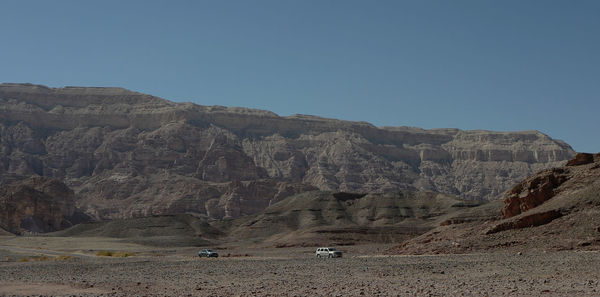 Rock formations in desert against clear blue sky