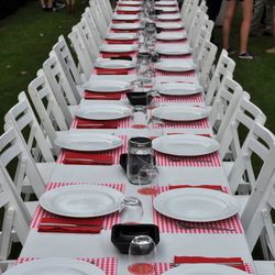 Chairs and tables in row