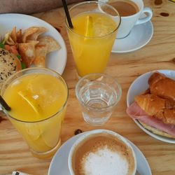 Close-up of breakfast served on table