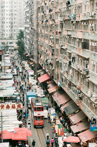 High angle view of street and buildings in city