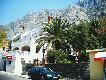 View of buildings with mountain range in background