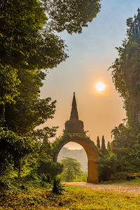 Low angle view of temple against sky during sunset